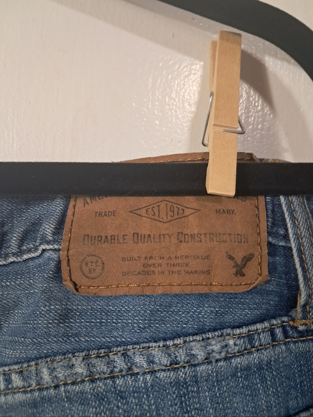 American Eagle Outfitters Distressed Patched Light Blue Mens Slim Straight Jeans - Picture 9 of 11